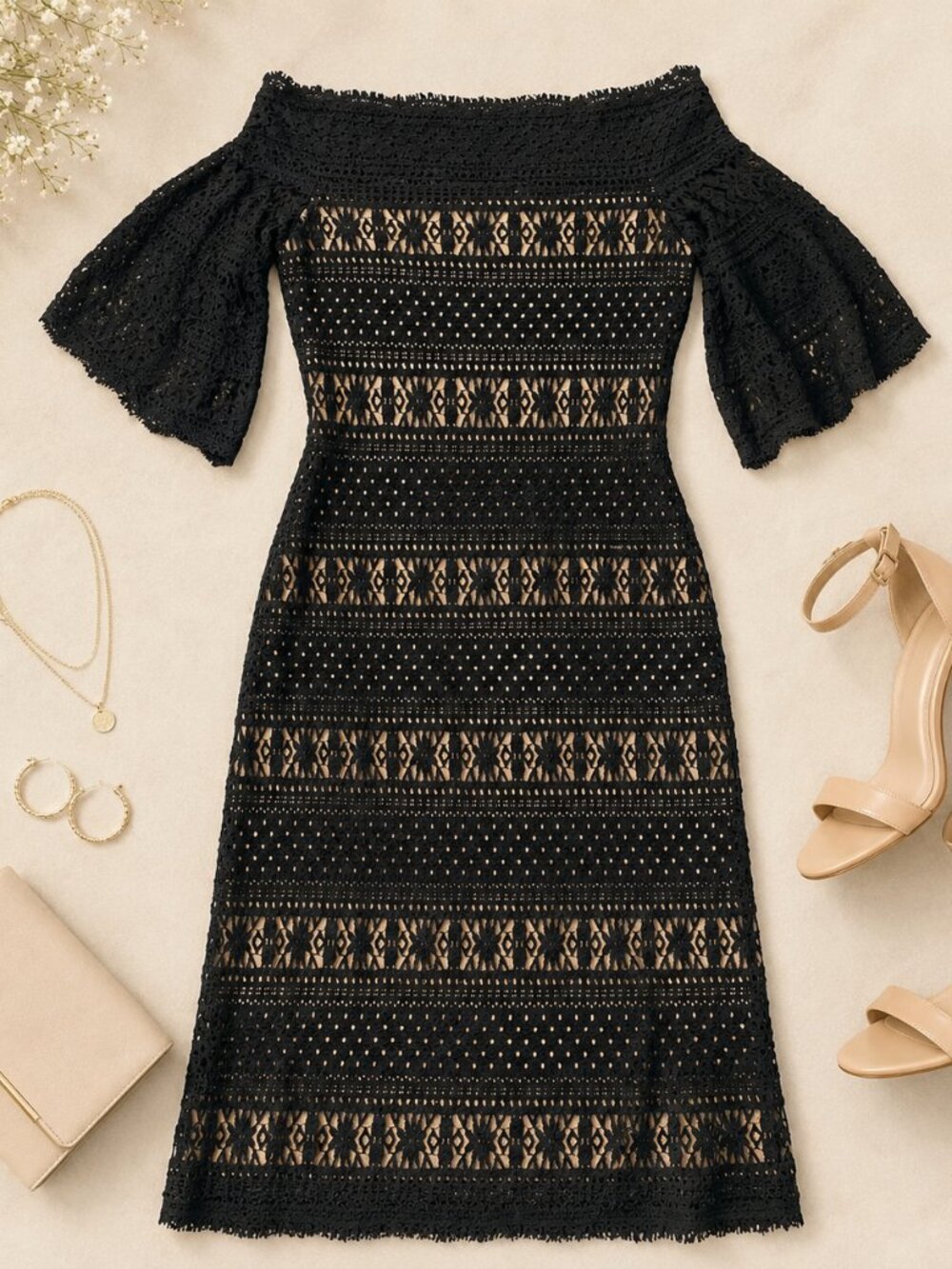 Max Studio Black Lace Off-Shoulder Midi Dress Size M